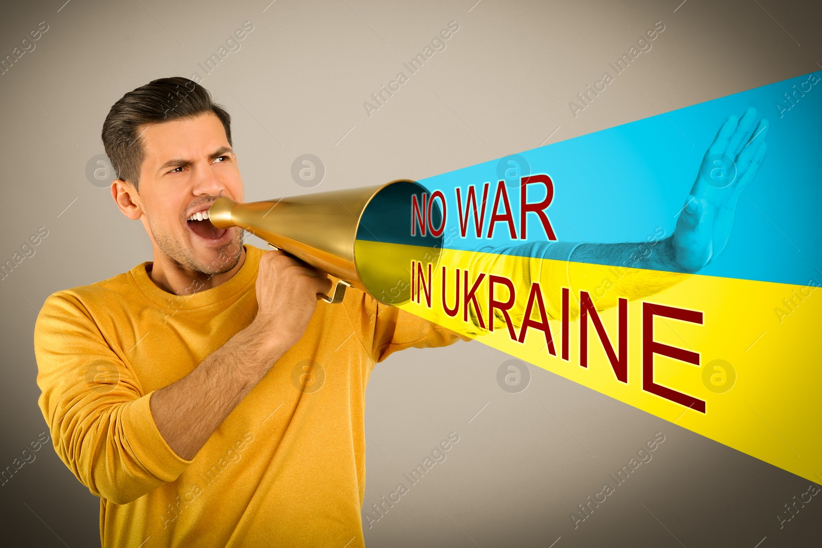 Image of Stop war in Ukraine. Man with megaphone and Ukrainian national flag on beige background