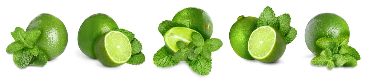 Image of Fresh ripe limes and green mint leaves isolated on white, set