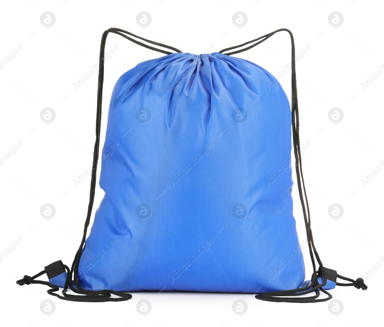 Photo of One blue drawstring bag isolated on white