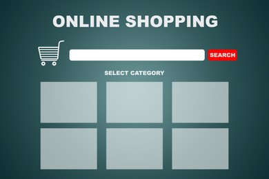 Illustration of Online shopping. Website interface with search bar and illustration of cart on teal background