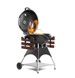 Barbecue grill with fire flames on white background