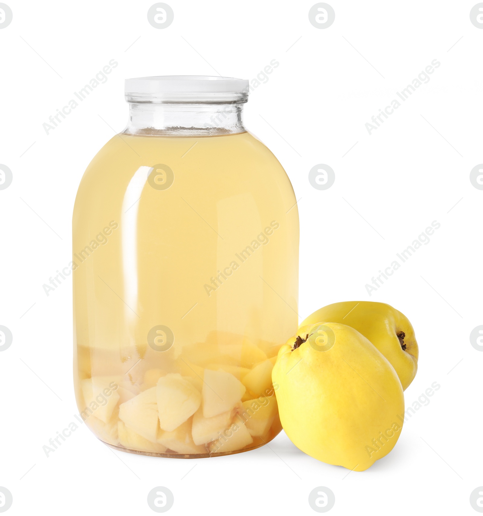 Photo of Delicious quince drink in glass jar and fresh fruits isolated on white