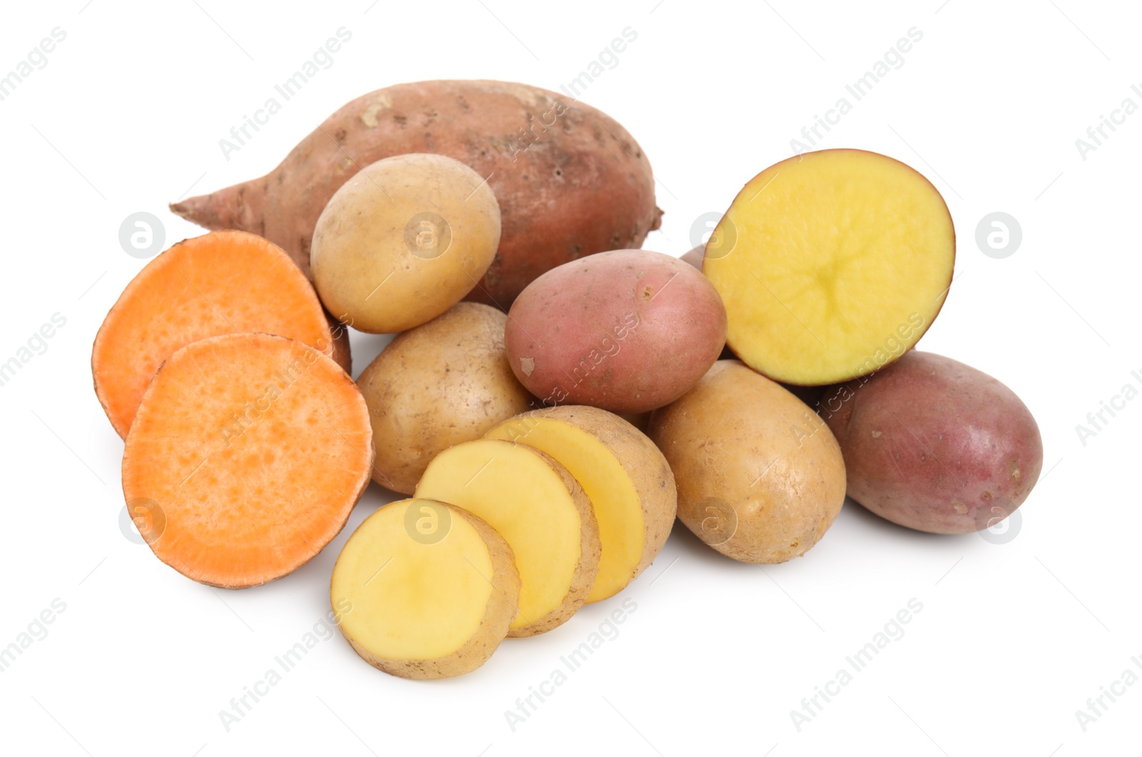 Photo of Different types of fresh potatoes on white background