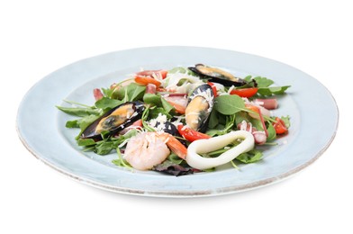 Photo of Plate of delicious salad with seafood isolated on white, closeup