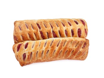 Photo of Fresh tasty puff pastry on white background, top view