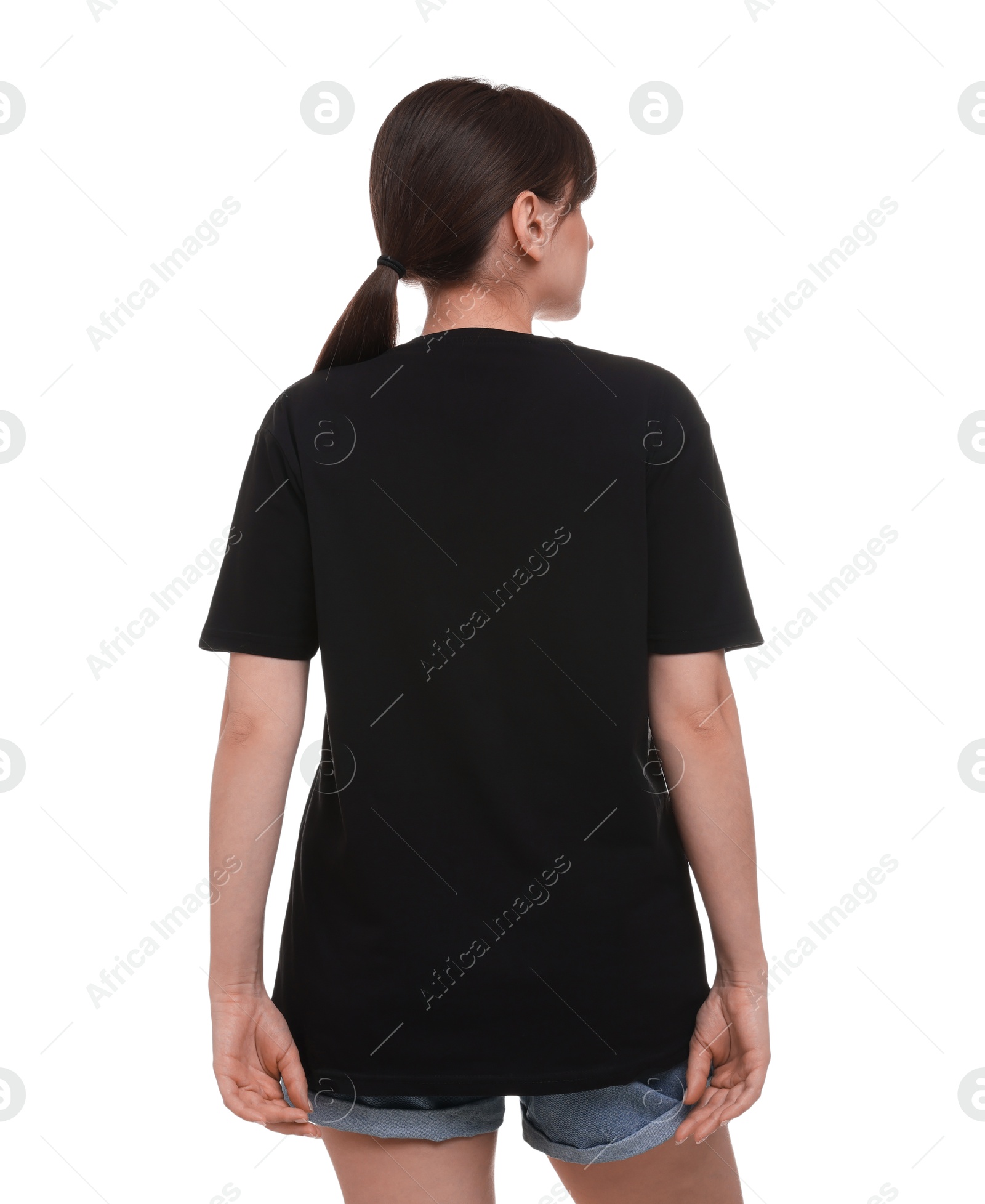 Photo of Woman in stylish black t-shirt on white background, back view