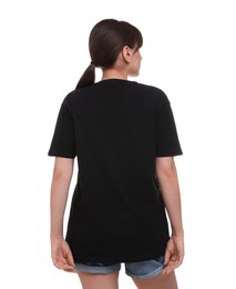 Woman in stylish black t-shirt on white background, back view