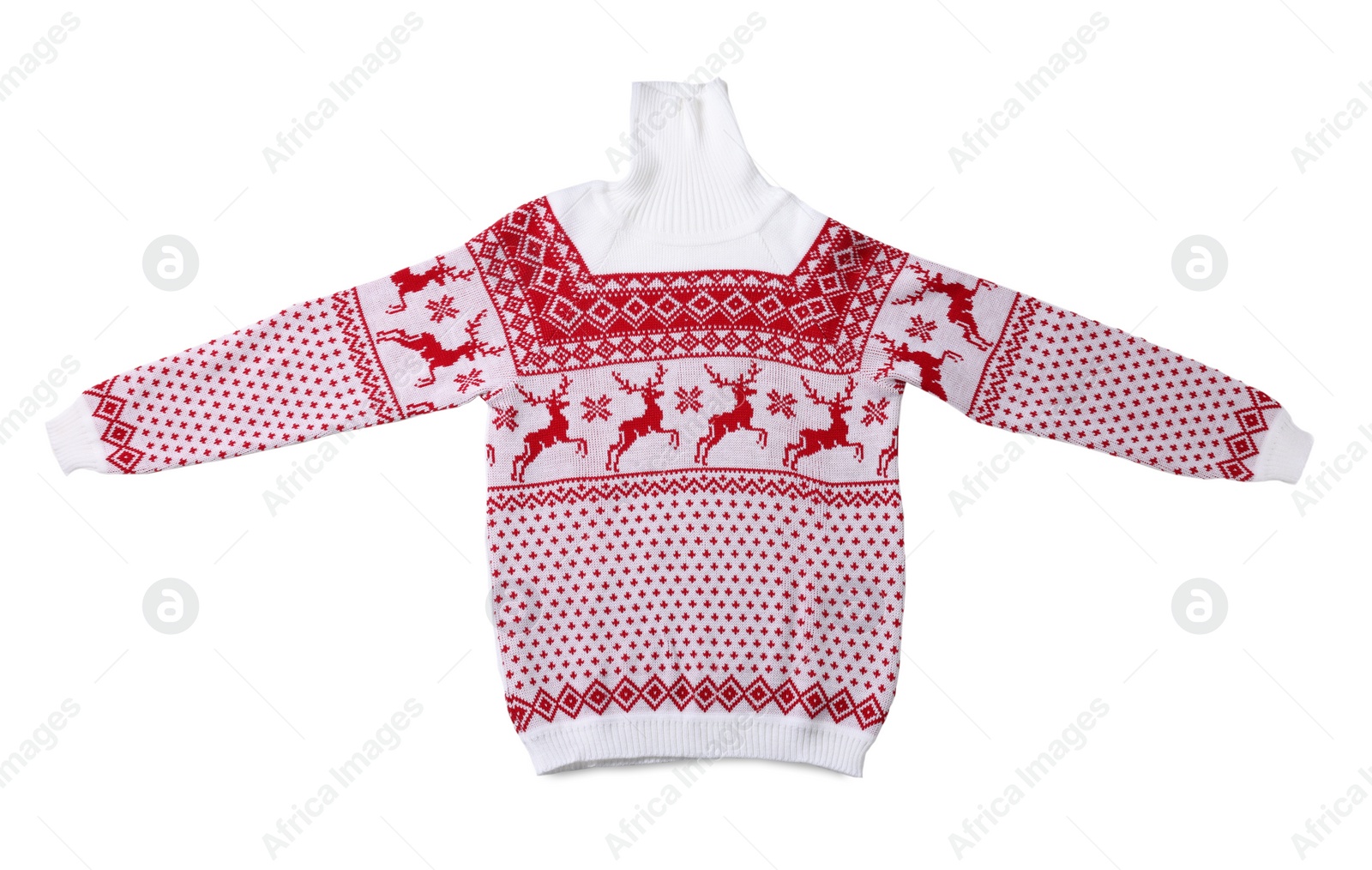 Photo of Christmas sweater with reindeer ornament isolated on white, top view