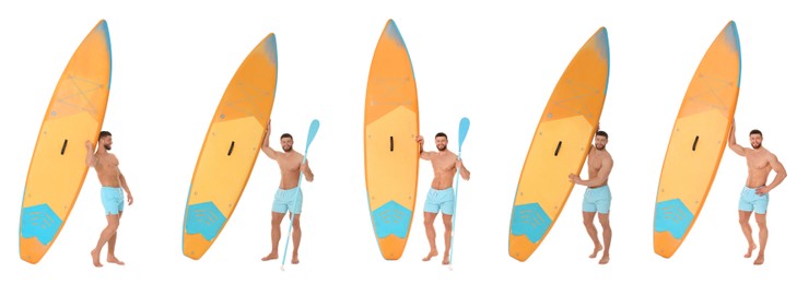 Image of Photos of young man with sup board isolated on white, collage