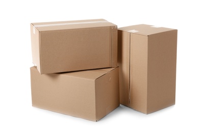 Photo of Cardboard boxes on white background. Mockup for design