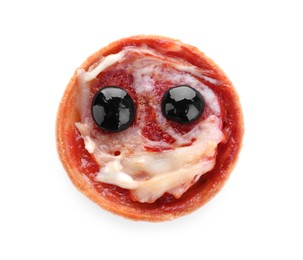 Photo of Cute monster tartlet on white background, top view. Halloween party food