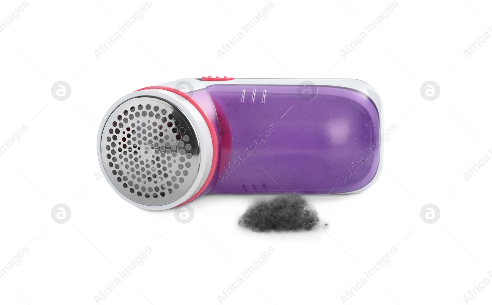 Photo of Modern fabric shaver and lint on white background