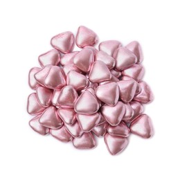 Pile of heart shaped candies on white background, top view