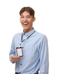 Happy man with blank badge on white background