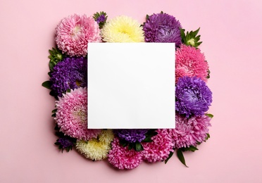 Flat lay composition with blank card and beautiful asters on pink background, space for text. Autumn flowers