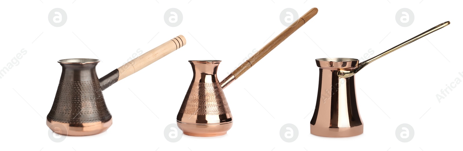 Image of Beautiful copper turkish coffee pots on white background, collage. Banner design