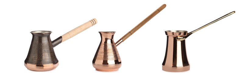 Image of Beautiful copper turkish coffee pots on white background, collage. Banner design