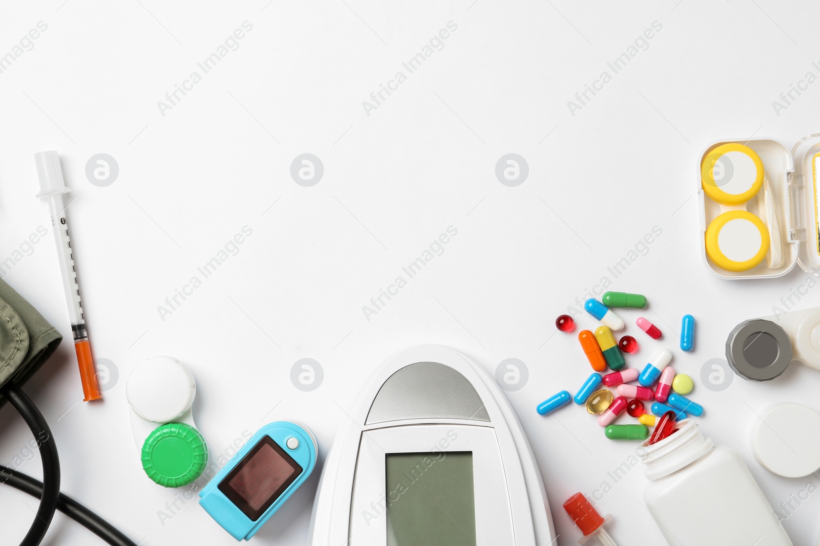 Photo of Flat lay composition with different medical objects and space for text on white background