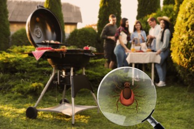 Image of Seasonal hazard of outdoor recreation. Happy friends having barbeque party outdoors. Illustration of magnifying glass with tick, selective focus