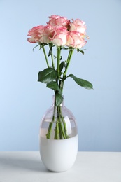 Vase with beautiful pink roses on white table