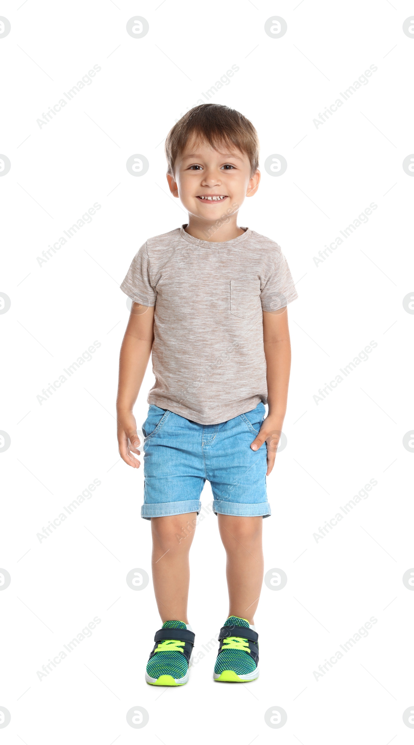 Photo of Full length portrait of cute little boy on white background