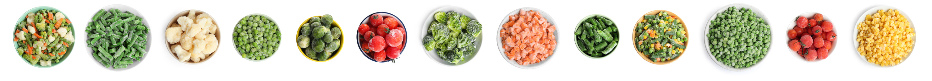 Image of Set of different frozen vegetables on white background, top view. Banner design 