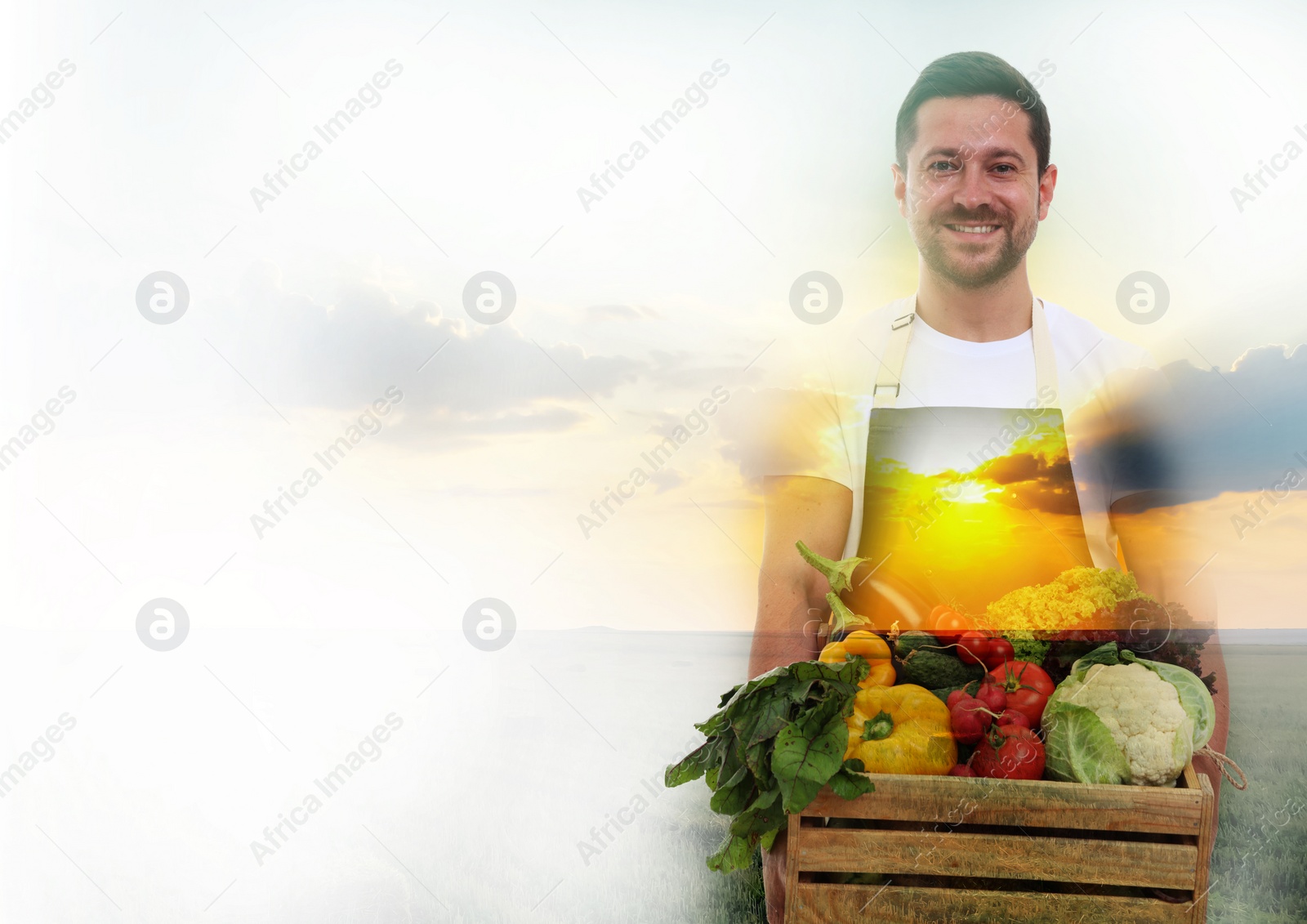 Image of Double exposure of farmer and agricultural field on white background