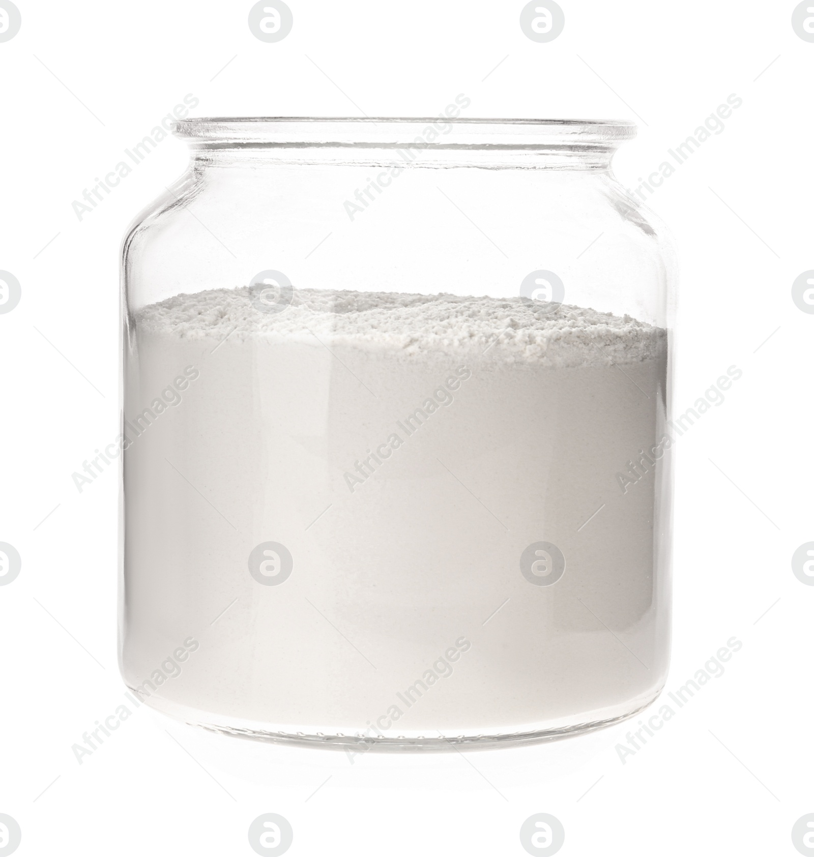 Photo of Organic flour in glass jar isolated on white