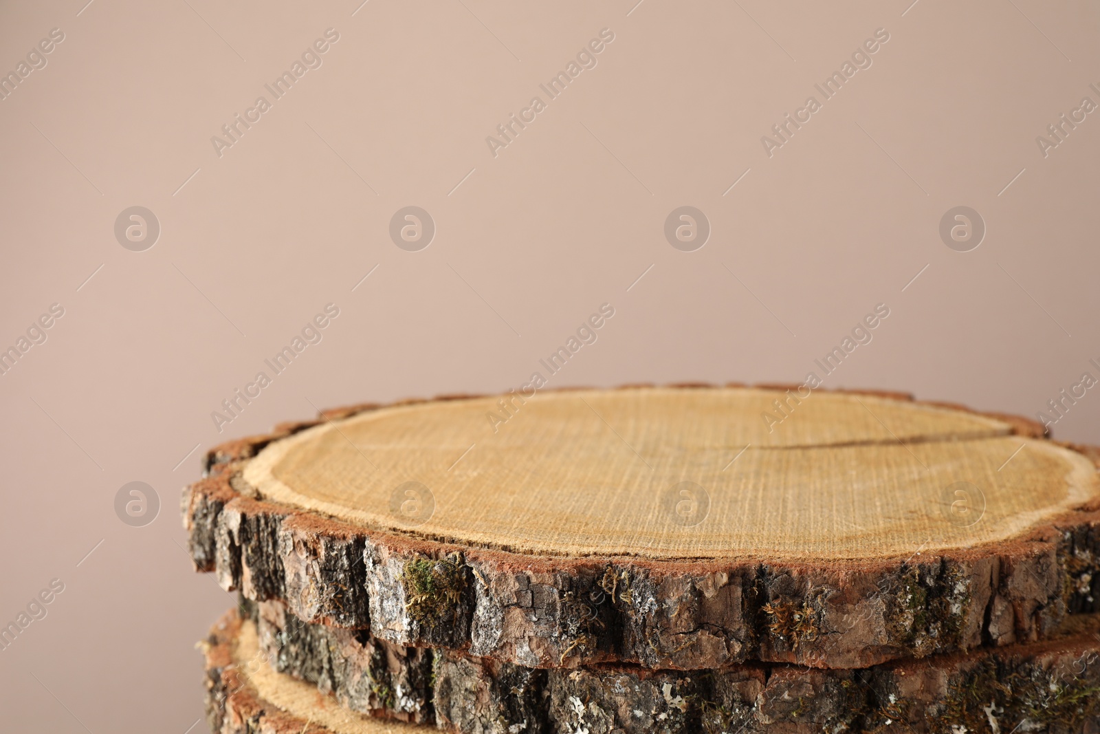 Photo of Presentation for product. Wooden stumps on beige background. Space for text