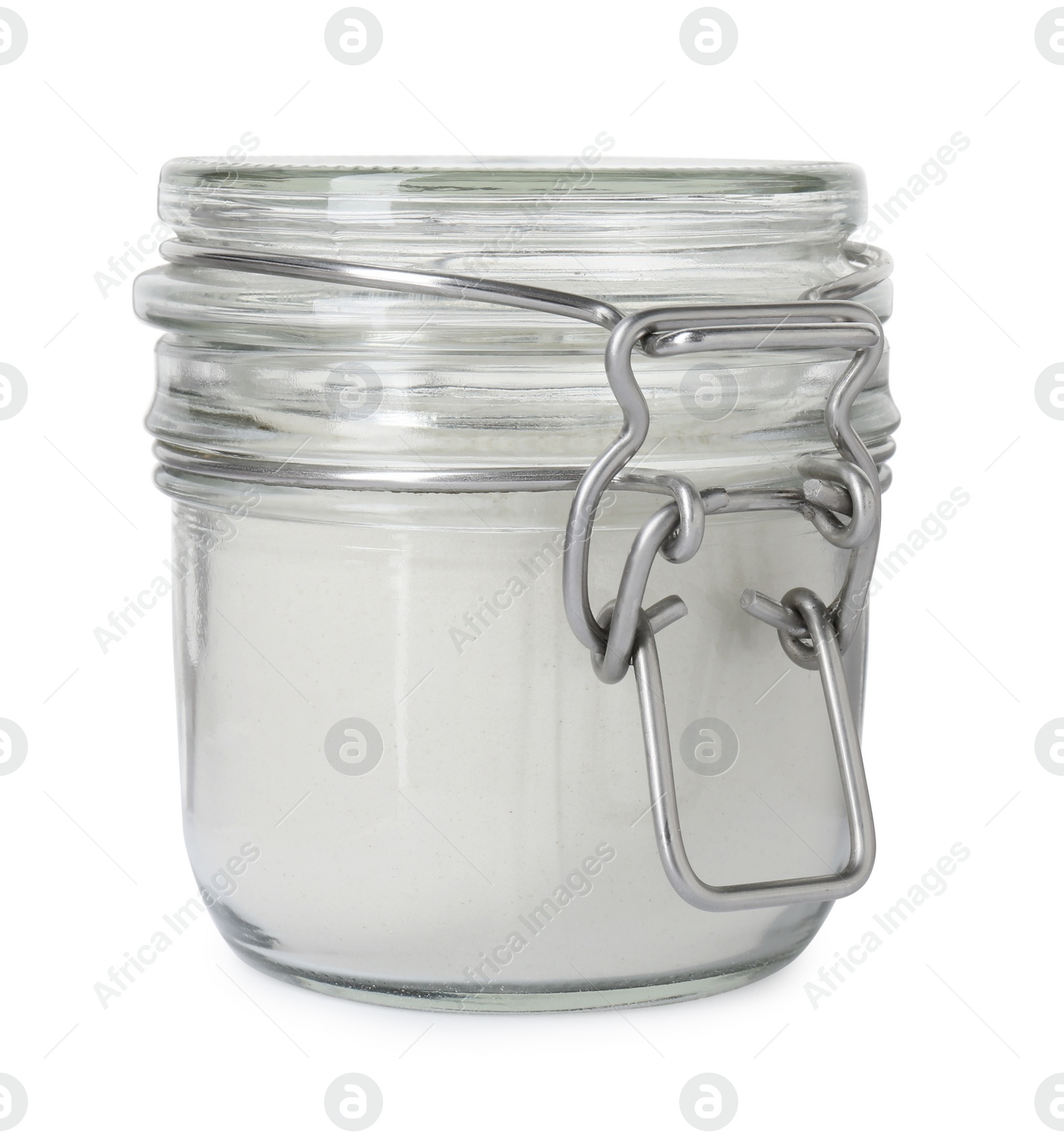 Photo of Baking powder in glass jar isolated on white