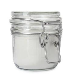 Baking powder in glass jar isolated on white