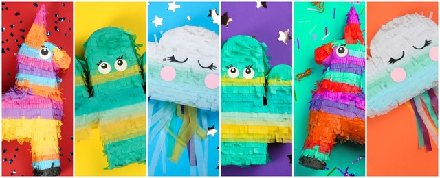 Image of Collage with photos of funny pinatas on different color backgrounds, top view. Banner design