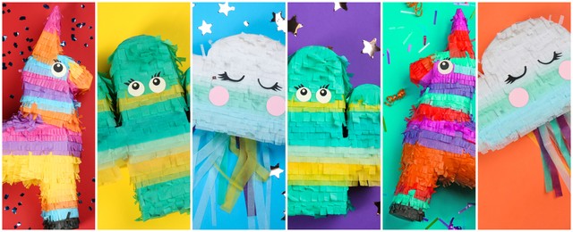 Collage with photos of funny pinatas on different color backgrounds, top view. Banner design