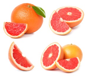 Image of Set with whole and cut ripe juicy grapefruits on white background