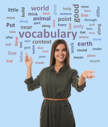 Image of Young woman talking surrounded by word cloud on light blue background