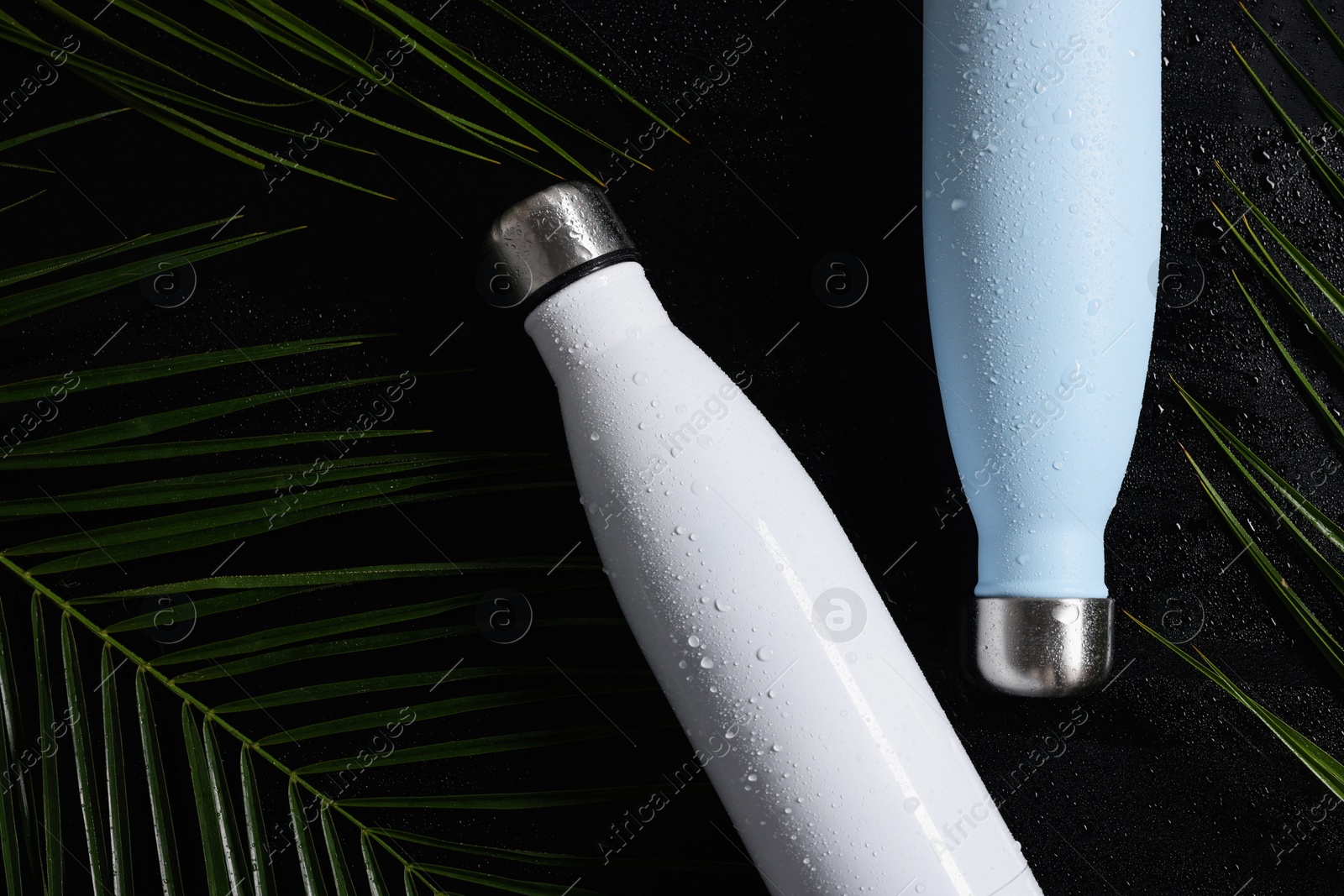 Photo of Wet thermo bottles and green leaves on black background, flat lay. Space for text