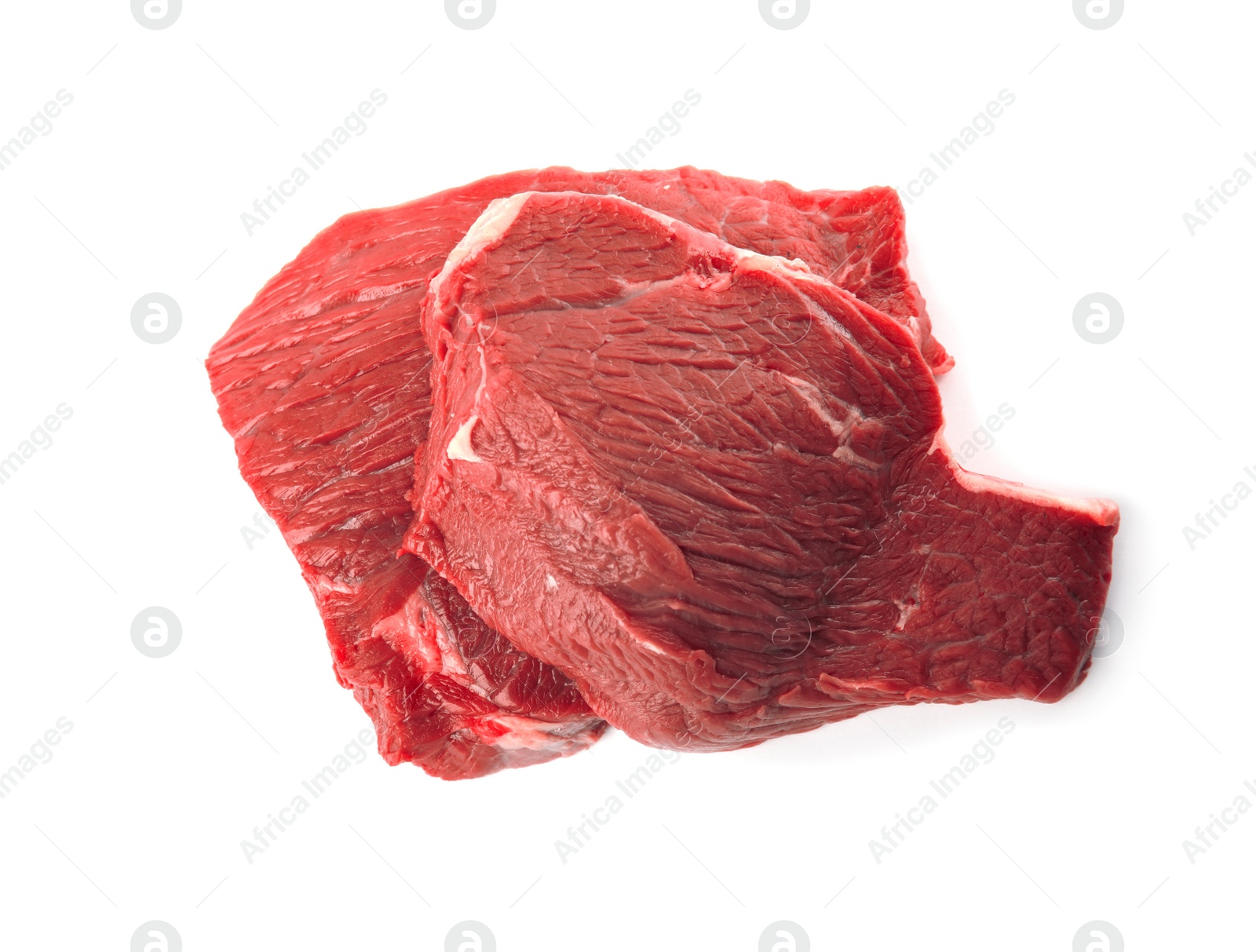 Photo of Fresh raw beef cut isolated on white, above view