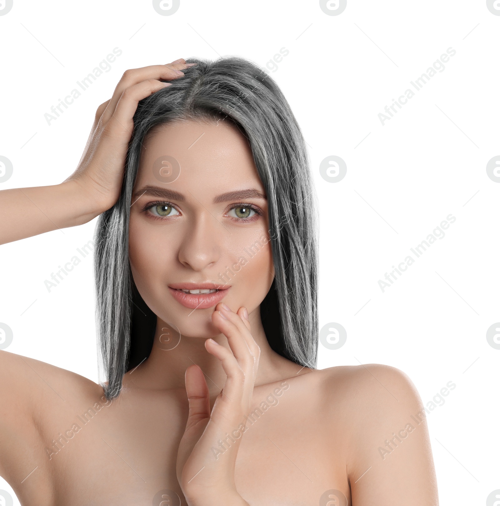 Image of Portrait of young woman with beautiful grey colored hair on white background