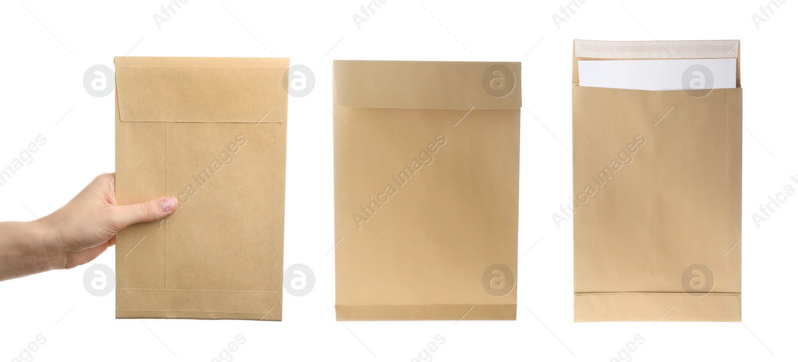 Image of Collage with photo of woman holding paper envelope on white background. Banner design