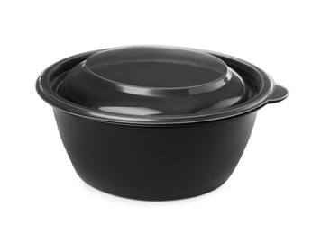 Photo of Disposable black plastic bowl isolated on white