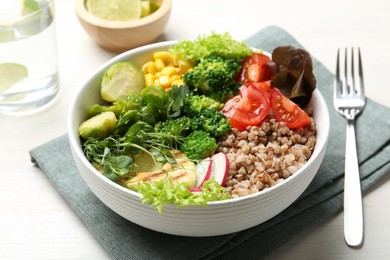 Photo of Healthy meal. Tasty products in bowl on white table