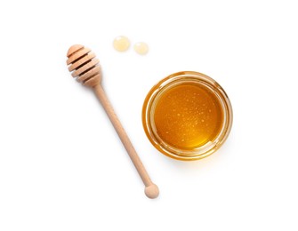 Tasty honey in glass jar and dipper on white background, top view. Space for text