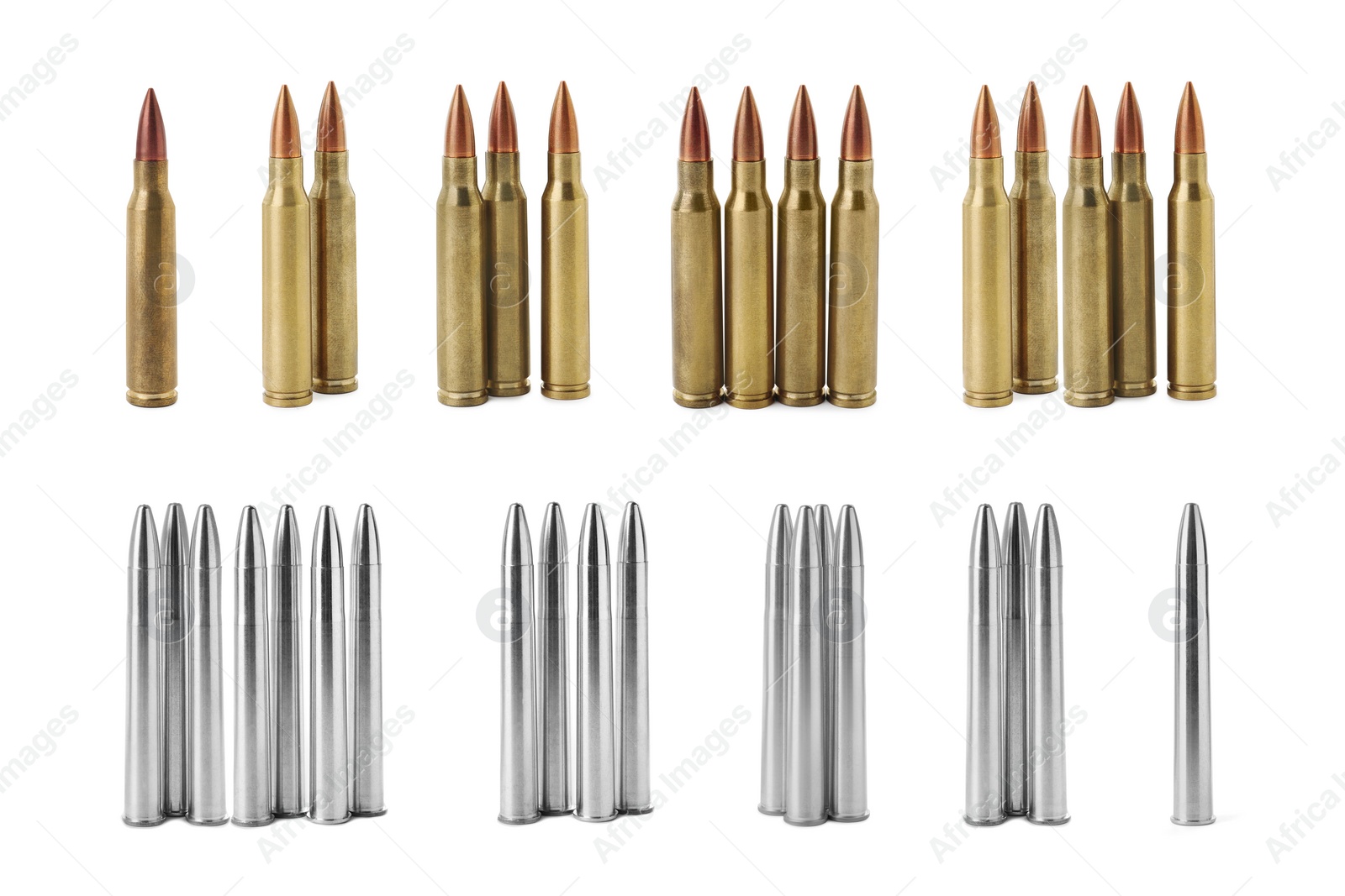 Image of Set of many bullets on white background. Firearm ammunition