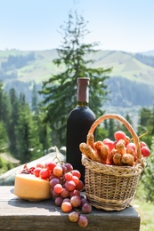 Bottle of red wine with ripe juicy grapes and other food for picnic on bench against mountain landscape