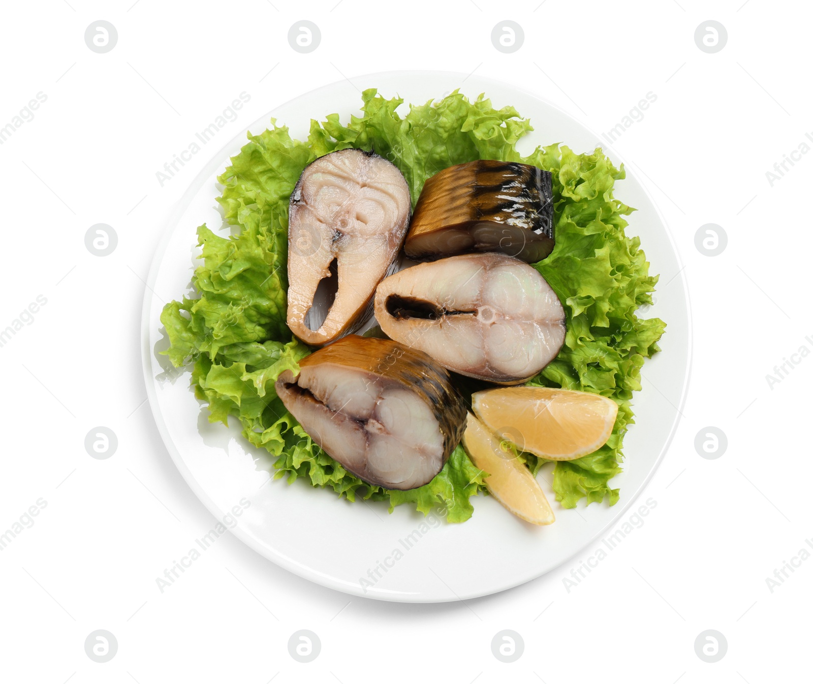 Photo of Plate with tasty smoked fish isolated on white, top view