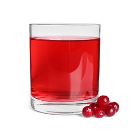 Photo of Tasty refreshing cranberry juice in glass and fresh berries isolated on white