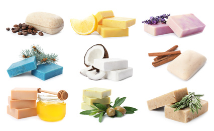 Set of different soap bars and ingredients on white background