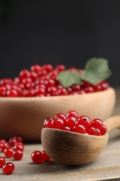 Photo of Spoon with ripe red currants on wooden table, space for text