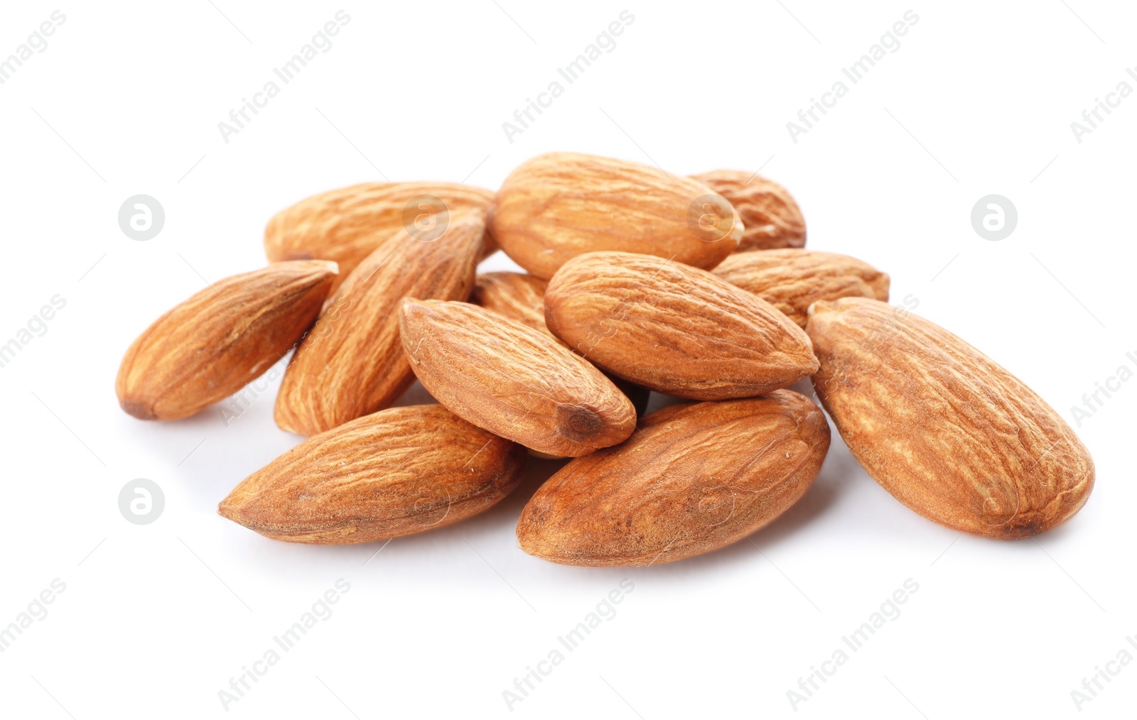 Photo of Organic almond nuts on white background. Healthy snack