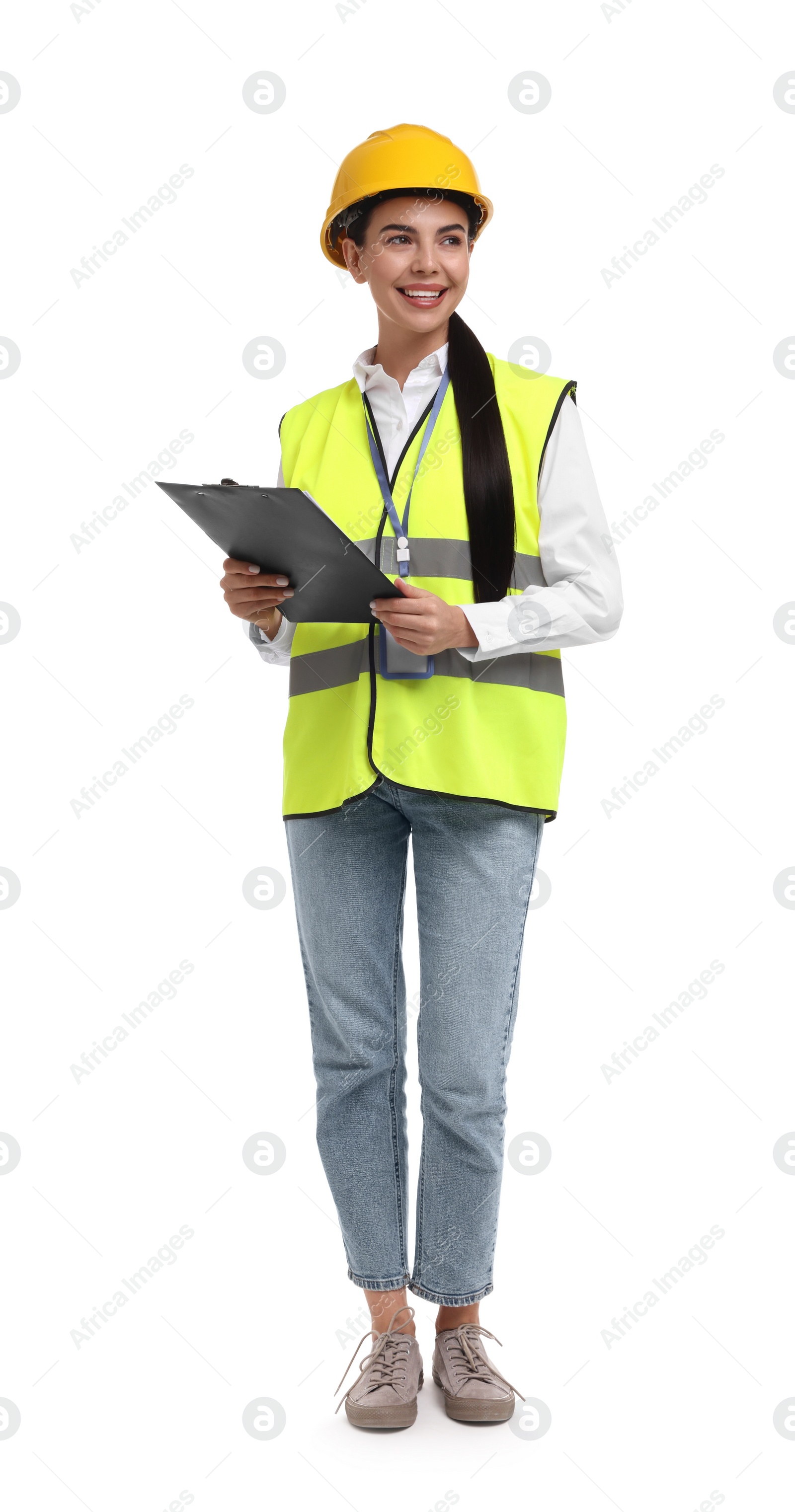 Photo of Engineer in hard hat holding clipboard on white background